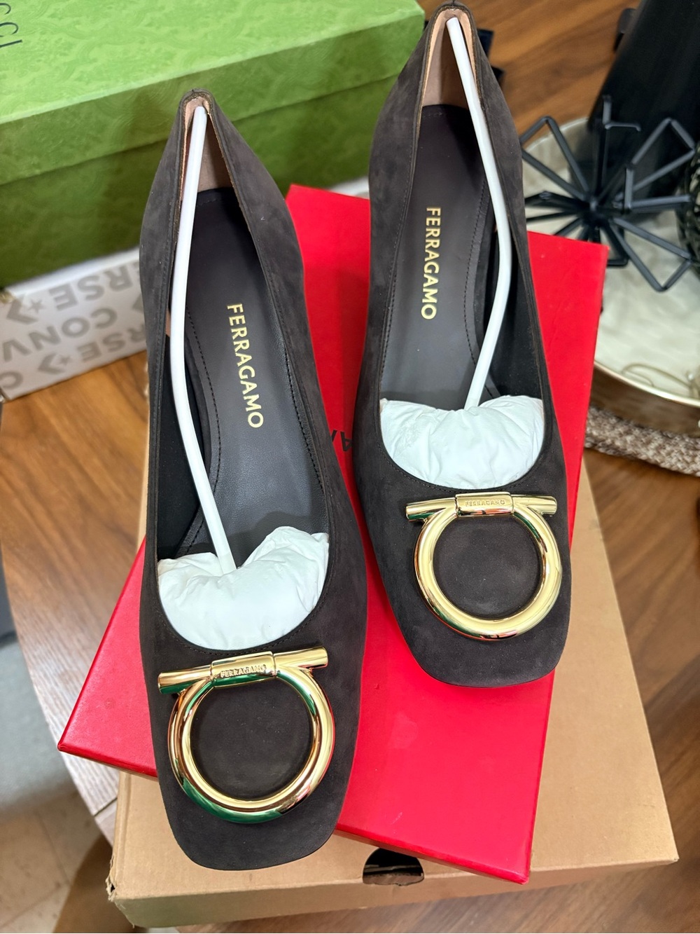 Salvatore Ferragamo Dark Brown Suede Pumps with Gold Gancini Hardware